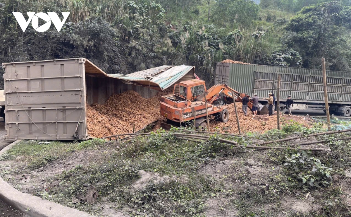 Lật xe chở sắn, ùn tắc đường lên cửa khẩu La Lay (Quảng Trị)